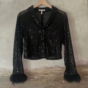 BCBGeneration Black Sequin Top with Feather Cuff